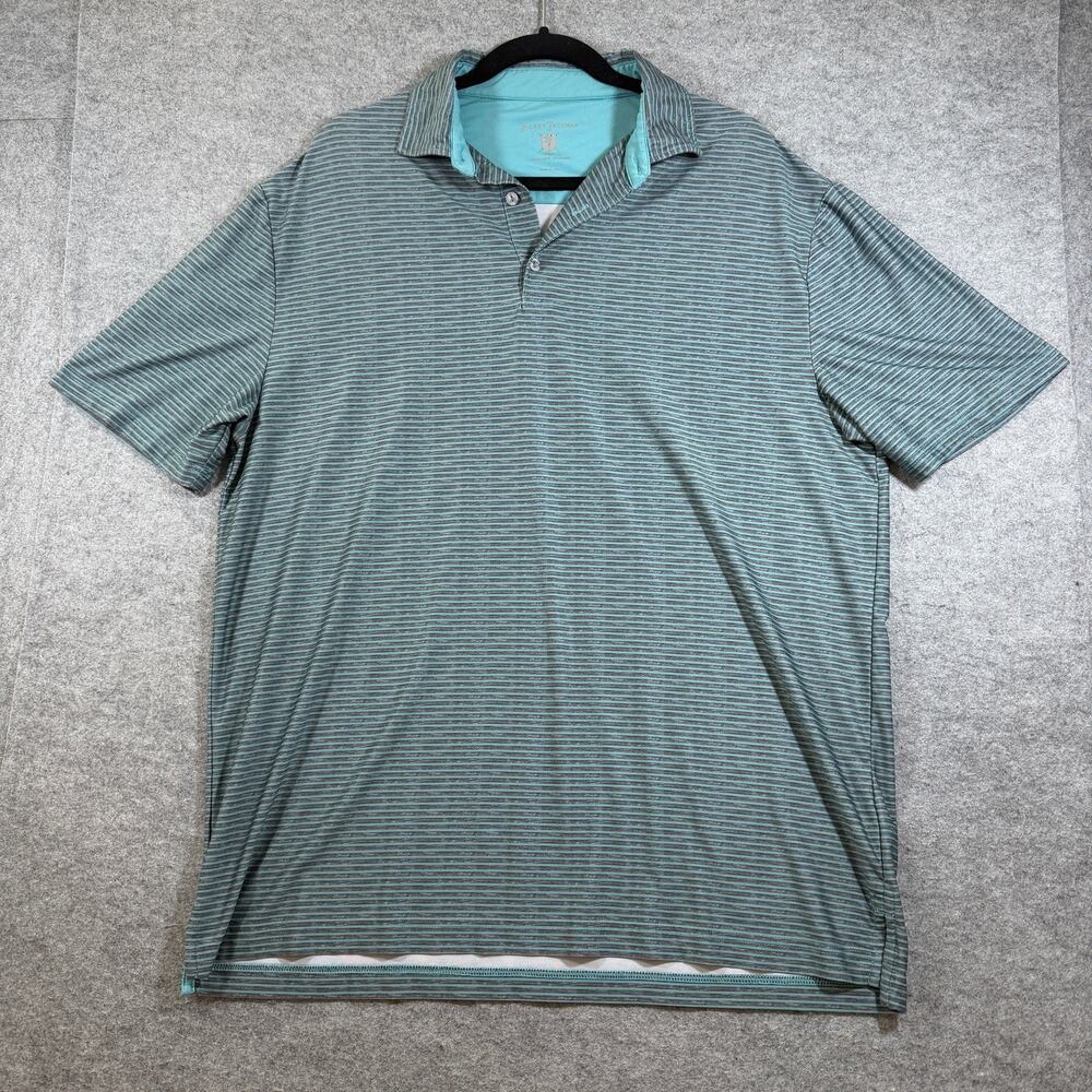 Hickey Freeman Golf Polo Mens L Teal Gray Striped Cool Touch Moisture Wicking